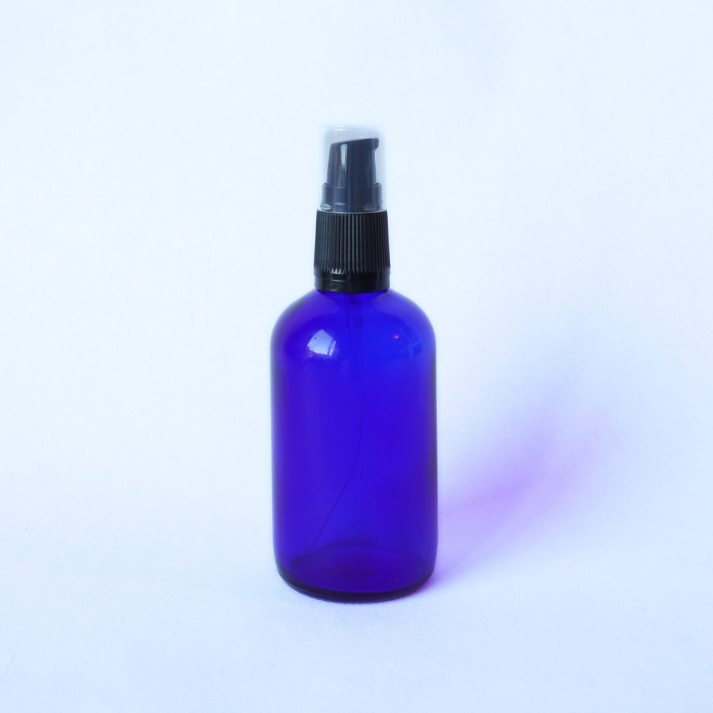Blue Glass Bottle 100ml with 18mm Black Serum Pump Top