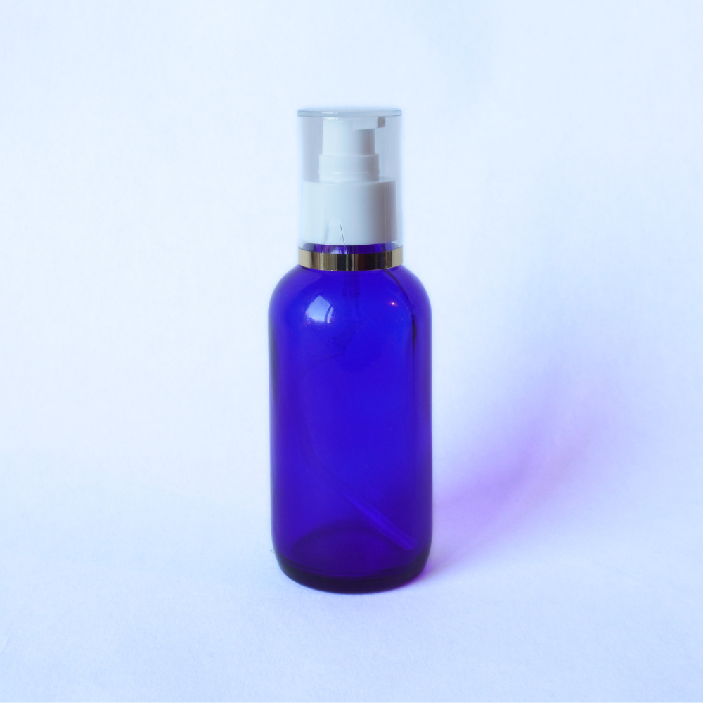 Blue Glass Bottle 120ml with 24mm White & Gold Lotion Pump Top