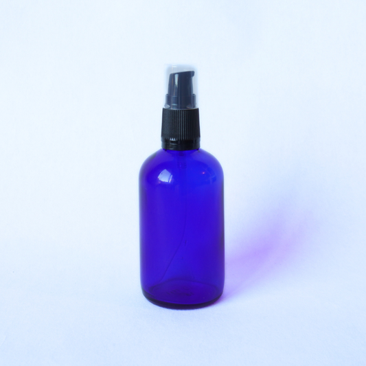 Blue Glass Bottle 100ml with 18mm Black Serum Pump Top