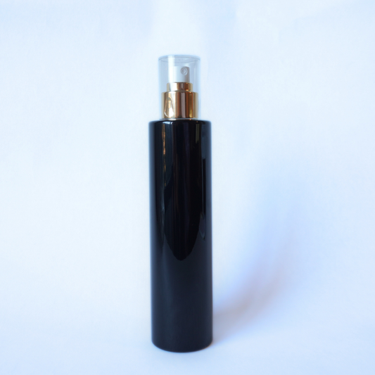 Black Plastic Bottle 200ml with 24mm Gold Spray Top