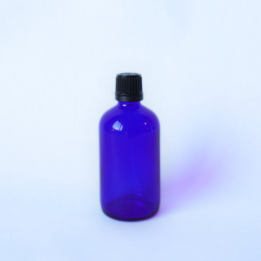 Blue Glass Bottle 100ml with 18mm Black Lid & Clear Dripper