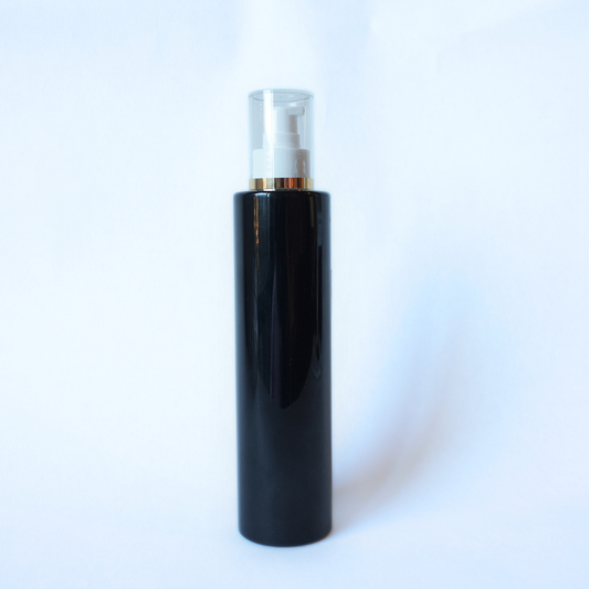 Black Plastic Bottle 200ml with 24mm White & Gold Lotion Pump Top